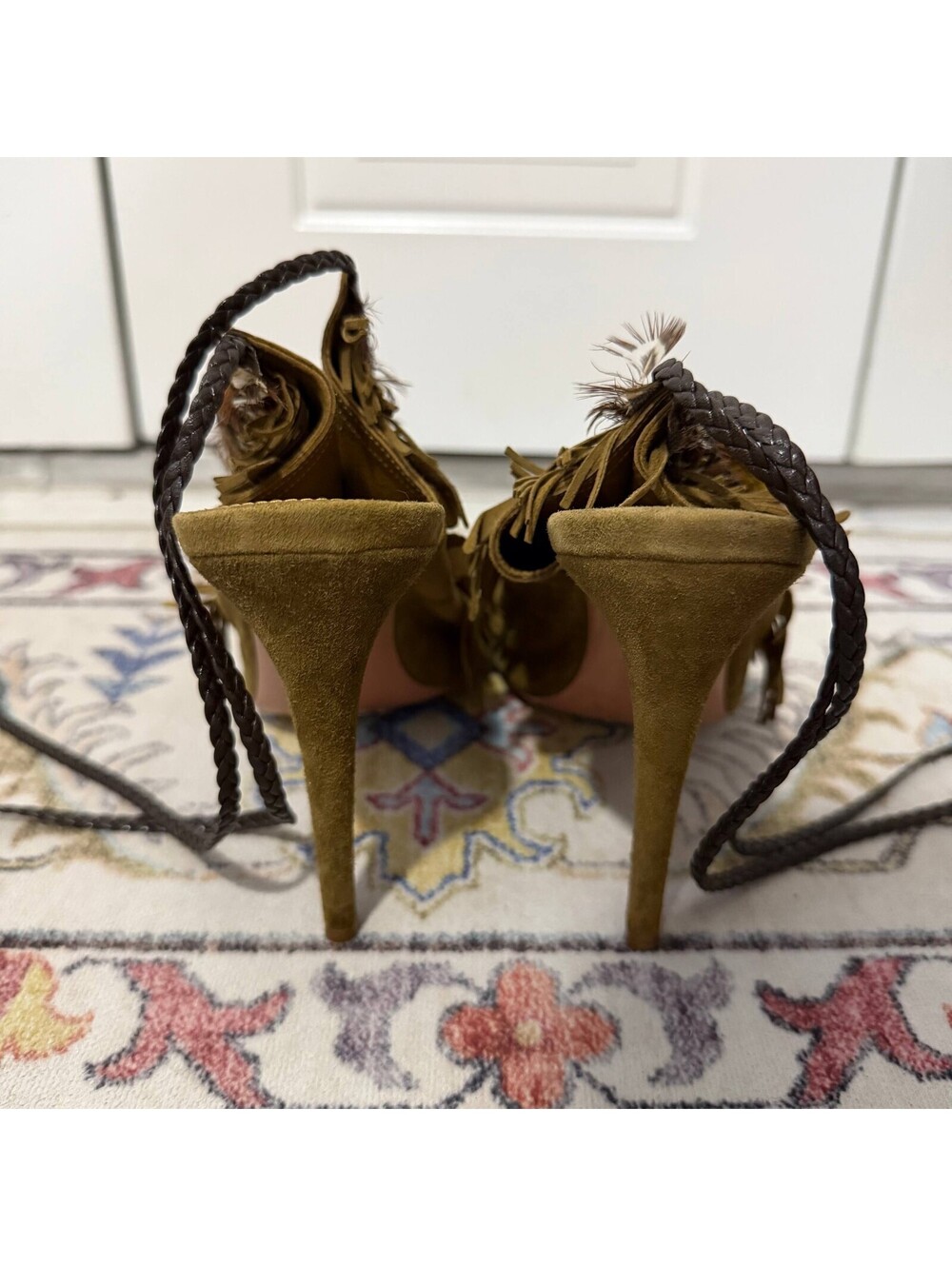 Aquazzura Gytane 85 Size 39.5 Suede Fringe Ankle Wrap Heeled Sandals Green - Picture 5 of 8